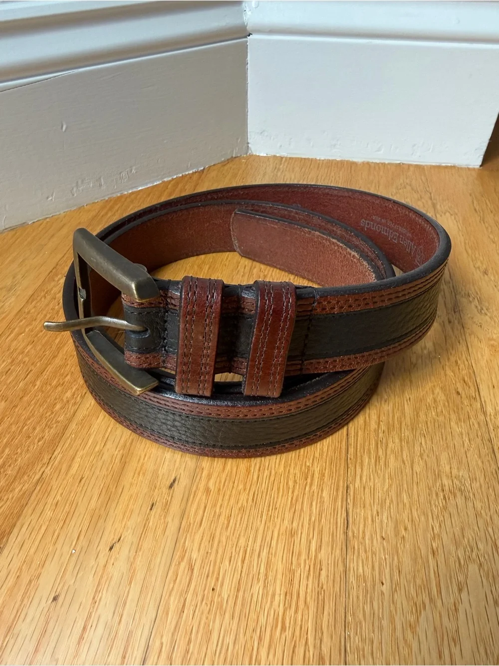 Allen Edmonds Two-Tone Brown and Black Leather Belt with Brass Buckle